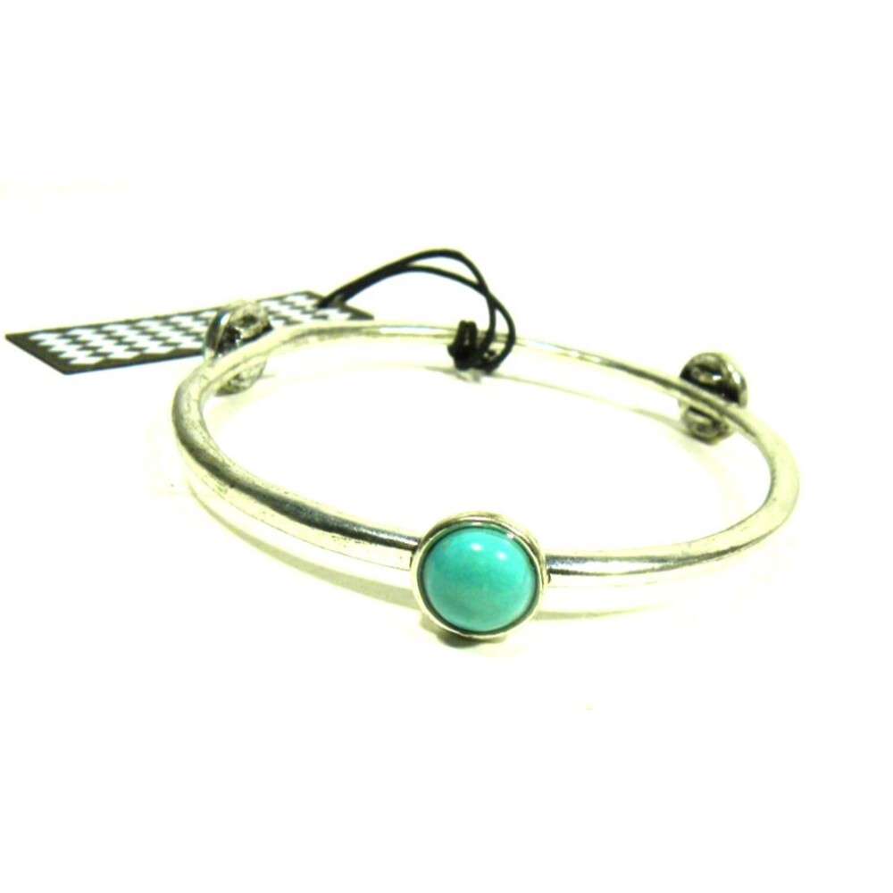 Minimalist Bangle Bracelet Thin Silver Tone Faux Turquoise Stone Round
